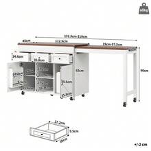 Kitchen Island With Storage, Extendable Dining Table/Bar Table (131.5-210 Cm), 360° Rotatable, With Drawers And Cabinets, Versatile Worktop For Kitchen, Dining Room And Small Spaces, Black - White - View 5