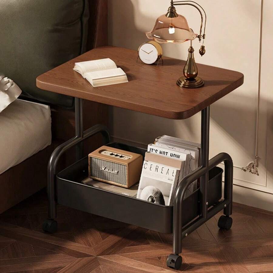 Rolling Cart With Wooden Tabletop, 2/3 Tier Metal Utility Cart, Rolling Storage Organizer Cart With Lockable Wheels For Kitchen Storage, Office, Bedroom - Brown - View 1