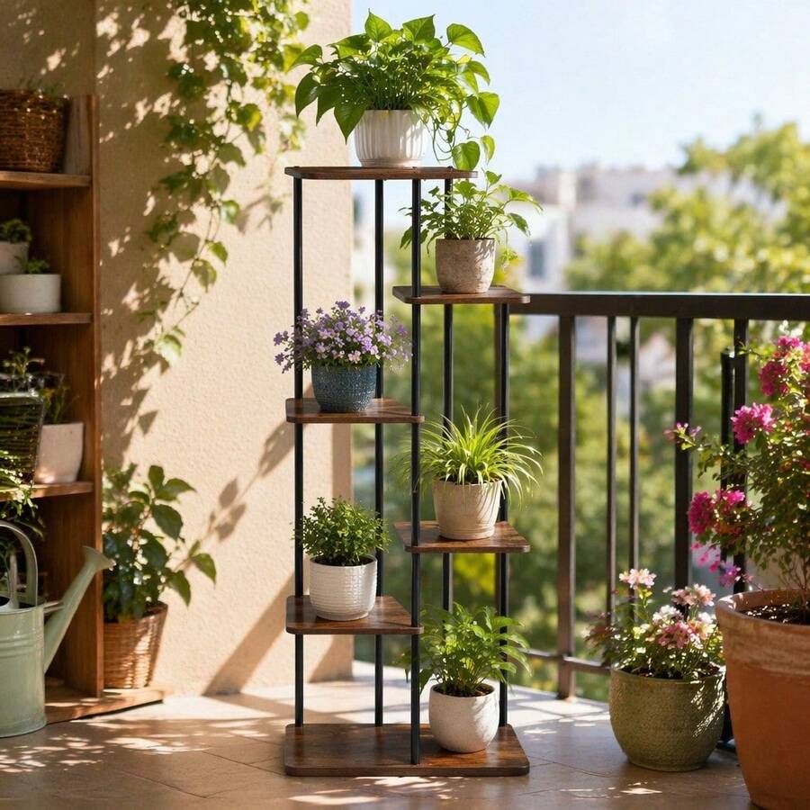 室內外通用植物架,金屬多盆花架,高款角落花架,大型高植栽置物架,適用於露台、門廊、客廳與陽台 - 查看 1