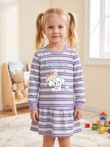 Gaun Lengan Panjang Motif Garis-Garis Kartun Terbaru Musim Semi/Gugur, Gaun Sweatshirt Longgar Leher Bulat, Cocok Untuk Anak Perempuan Usia 3 Tahun Ke Atas - Mauve Purple - View 1