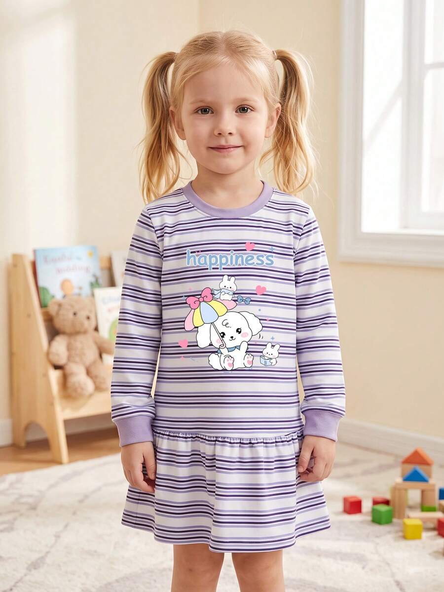 Gaun Lengan Panjang Motif Garis-Garis Kartun Terbaru Musim Semi/Gugur, Gaun Sweatshirt Longgar Leher Bulat, Cocok Untuk Anak Perempuan Usia 3 Tahun Ke Atas - Mauve Purple - View 1