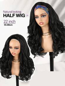 Women's Long Yaki Curly Half Wig, Fluffy Curly Synthetic Straight Hair Wig, Curly Ends, Suitable For DIY Hairstyles, Daily Wear (Black, 22 Inch) - Black - View 4