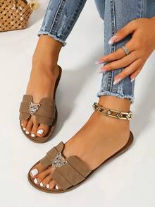 Sandali piatti casual da donna stile coreano, sandali romani intrecciati con punta aperta, nuove scarpe slip-on piatte stile francese per primavera estate autunno, adatte per uso all'aperto, spiaggia, appartamento, da abbinare con gonne - Castano - Visualizzare 4