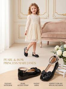 1 Pair Girls' Shiny Black Mary Jane Flat Shoes, Bow Pearl Buckle Ankle Strap Round Toe Princess Wedding Party Formal Shoes, Children's Fashion Elegant Shoes - Black - View 8