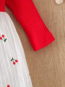 1 pieza Mono para bebé niña con lazo acanalado y estampado de margaritas, con diadema, ligero para primavera/otoño - Rojo - Ver 4