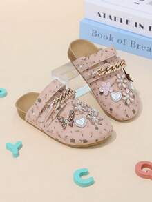 Sandalias cerradas de verano para niñas con flores 3D, mariposas, corazones, strass, cadena dorada e impresión, rosa - Rosa - Ver 6