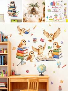 1/2 Sheets Owl & Books Wall Stickers For Kids Room - Back To School Decor, Cartoon Animal Learning Corner Decals For Boys Girls Bedroom Classroom - Multicolor - View 1
