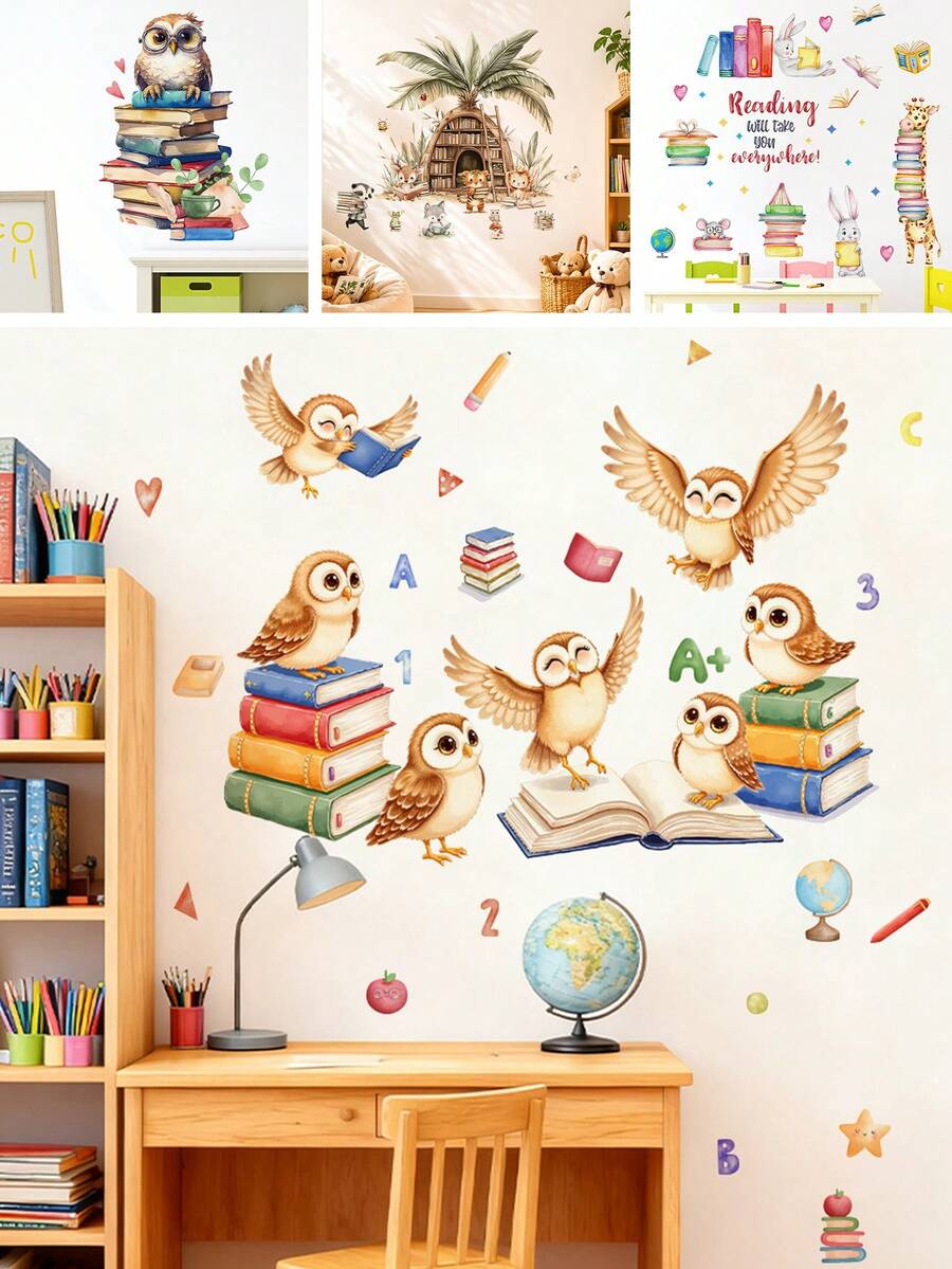 1/2 Sheets Owl & Books Wall Stickers For Kids Room - Back To School Decor, Cartoon Animal Learning Corner Decals For Boys Girls Bedroom Classroom - Multicolor - View 1