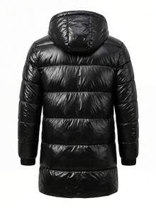 Men's Winter Solid Color Minimalist Detachable Hooded Shiny Leather Mid-Length Padded Coat - Black - View 2