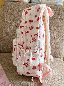 New Women's Large Capacity Star & Cherry Print College Style Backpack - Red - View 5