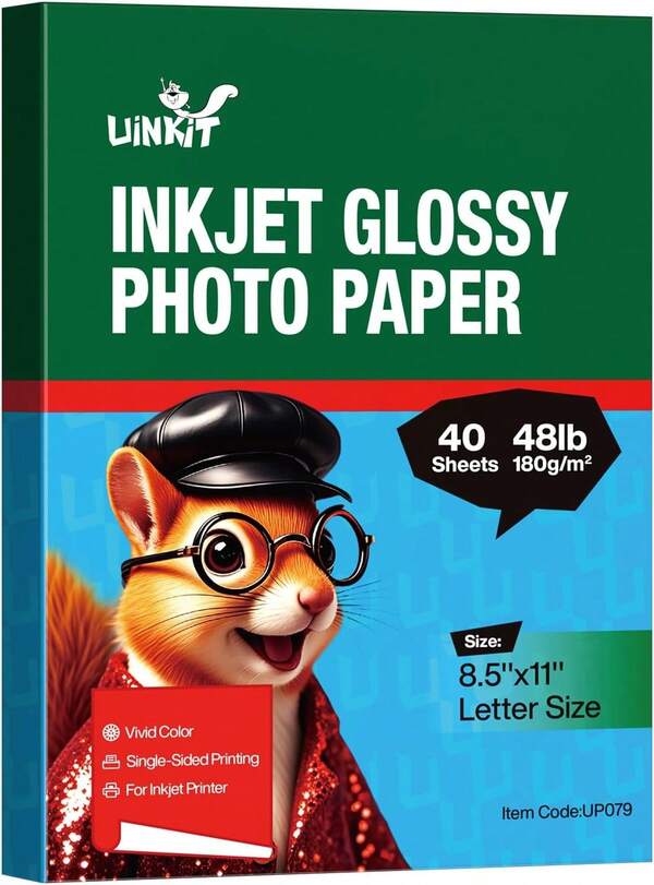Uinkit Papel Fotográfico Blanco Brillante de Una Sola Cara Tamaño Carta 8.5x11 180gsm 48lb Secado Instantáneo Papel de Tinta Inyección Resistente a Manchas Papeles de Impresión Profesional para Uso de Prueba en Casa/Oficina (40, 8.5x11)