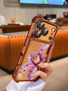 Full Coverage Transparent Shockproof TPU Phone Case, Rhinestone Lily Flower Pattern, Compatible With Apple Devices, Suitable For IPhone 17 Pro, 16 Pro, 15, 14, 13, 12 And 11, Minimalist Fashion Soft Protective Shell, Valentine's Day Gift - Orange - View 4