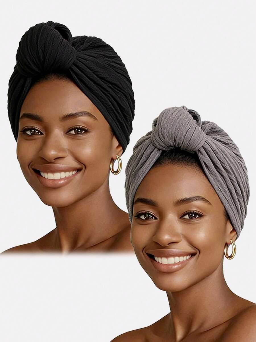 2pcs Women's Knotted Headwrap Hat, Ruched Style Headscarf Cap, Suitable For Spring, Autumn And Winter - Black/Gray - View 1