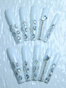 CrystalHola 10片手工穿戴甲，長款棺材形亮面水鑽美甲，奢華3D飾品裝飾美甲，壓克力材質，可重複使用，批發，迷人百搭風格，適合日常穿戴/約會/派對/婚禮/夜晚出門，工具隨機顏色 - 彩色 - 查看 3