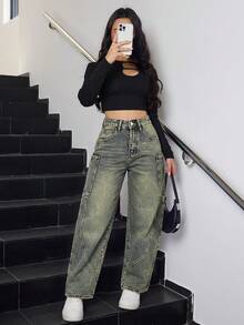 Celana Jeans Wanita Kasual Model Lurus dengan Warna Pudar, Celana Panjang Longgar Gaya Vintage Tidak Melar, Cocok untuk Dipakai di Musim Gugur - Dusty Blue - View 6