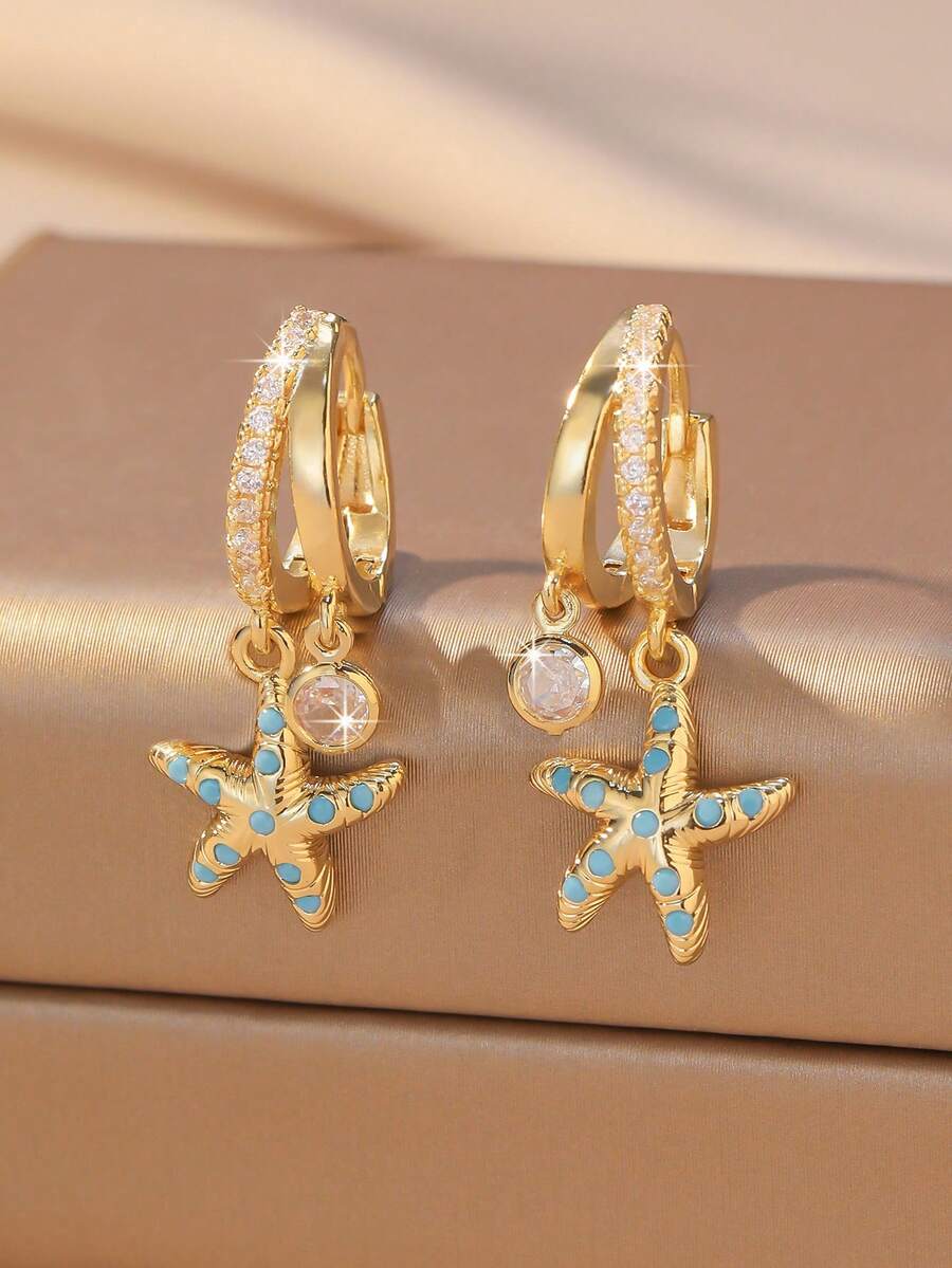 1 Pair Gold Starfish Earrings, Blue Gemstone Decorated Ocean Style ...
