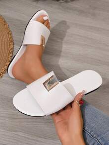Women's Fashion PU Leather Hollow Out Pure Metal Slip-On Beach Vacation Spring/Summer New Plus Size Slip-On White Flat Sandals - White - View 3