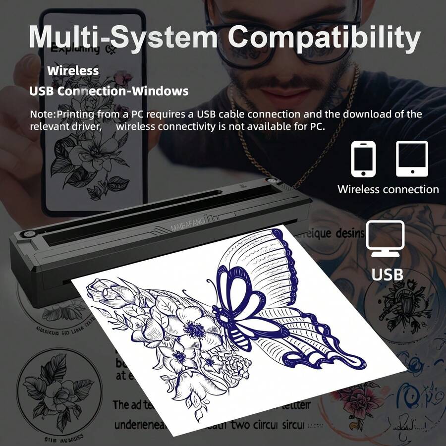 MAIBAFANG Portable A4 Thermal Printer For Tattoo And A4 Printing, USB Charging Function, Includes 6 Tattoo Transfer Papers And 6 A4 Thermal Papers, App Connectivity And Wireless Connection, Compatible With The 1500 MAh Battery (USB Charging Function), Ideal For Tattoo Artists And Beginners, For Note-Taking, Learning, Office And Travel. - Black - View 1