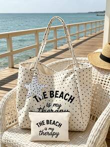 「Beach Therapy」圖案白色波點沙灘托特包套組，附星星吊飾，大容量可折疊，可愛多巴胺時尚托特包，適合購物包、旅行包、通勤包，理想用於海灘旅行、泳池派對、購物與日常使用，適合女性、旅行者與海灘愛好者，適合作為返校、度假與送禮之選 - 彩色 - 查看 9
