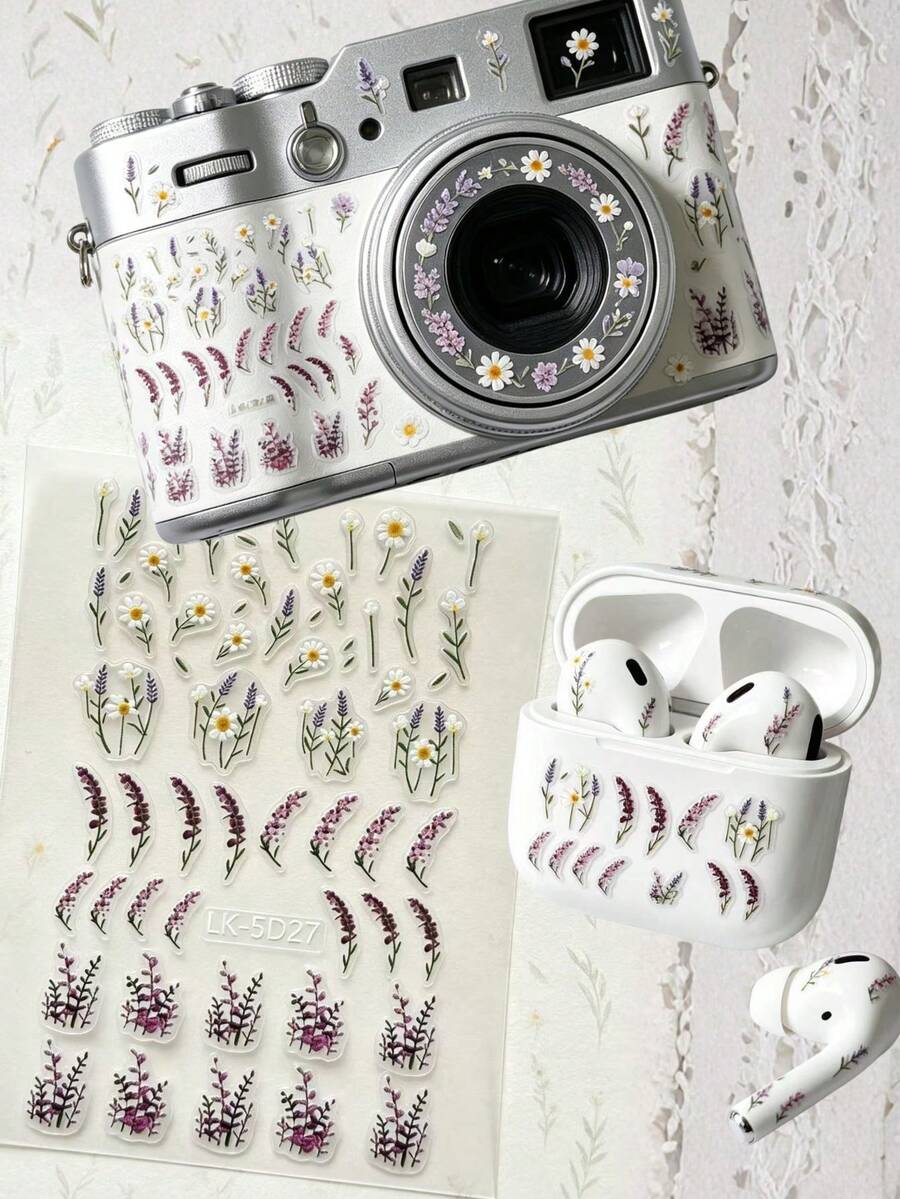 1pc Light Purple Lavender & Daisy Branch Embossed Self-Adhesive Sticker, Embossed Embroidery Texture Lavender And Daisy Pattern, Suitable For Vintage Mirrorless Camera, Earphone Case, Phone Case, Storage Box Handmade Modification, Elegant Floral DIY Material - 1pc Lavender Daisy - View 1