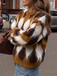 Pullover Wanita Lengan Panjang Bahan Plush Motif Berlian - Coklat - View 7