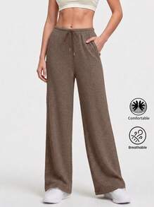 Never me Women's Straight Leg Wide Leg Athletic Pants, Fitted Elastic Waist With Drawstring, Pilates Running Leggings - Coffee Brown - View 3