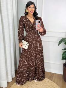 WOMEN'S LONG SLEEVE DRESS IN PRINTED VISCOLINE FABRIC - 鏽棕色 - 查看 1