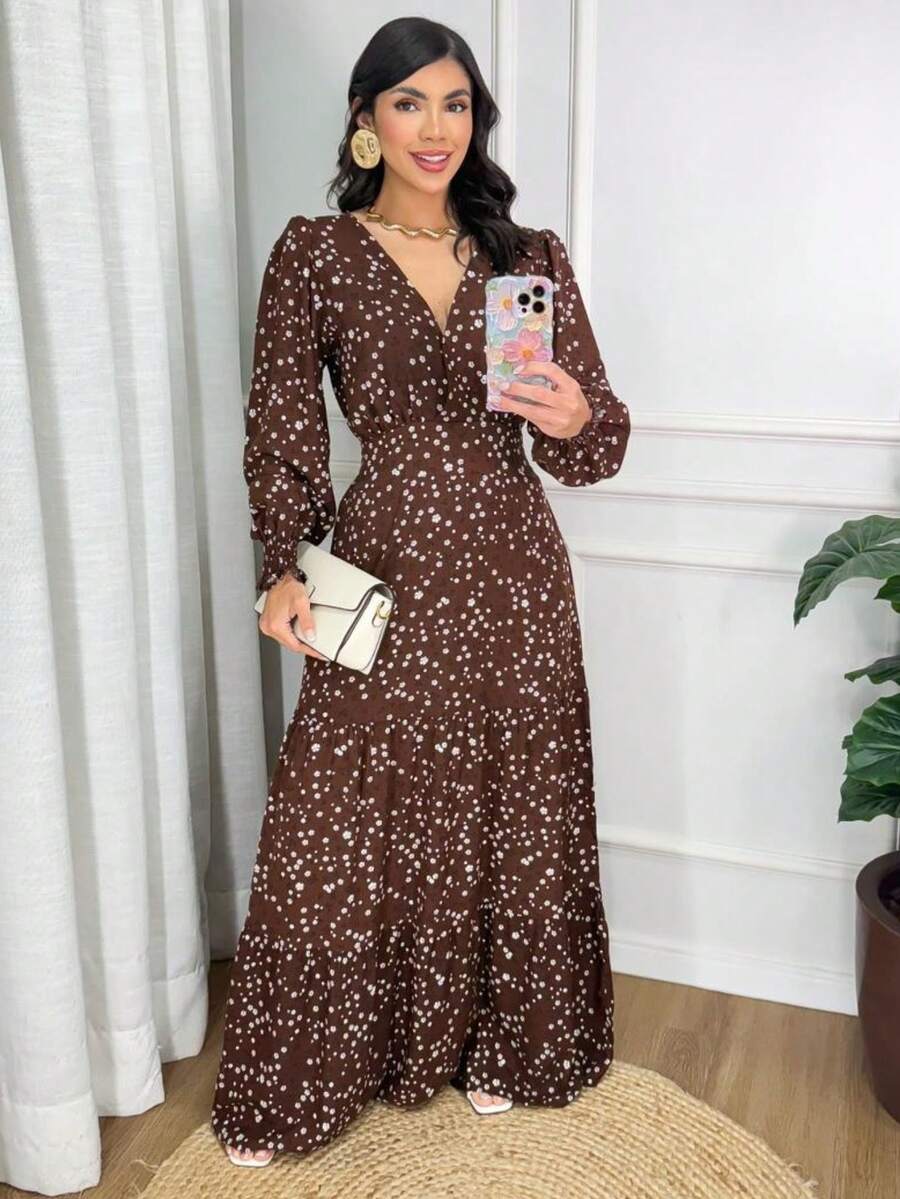 WOMEN'S LONG SLEEVE DRESS IN PRINTED VISCOLINE FABRIC - 鏽棕色 - 查看 1