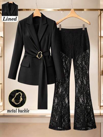 Women's Autumn/Winter Elegant Commute Long Sleeve Blazer With Lining, Metal Decor And Ribbon Design, Lace Flared Pants Set