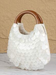 Shell Ring Handle Tote Bag, Pearl Mother Of Pearl Shell Fragments, Mini Portable Handbag, Elegant Romantic Women's Purse, Suitable For Wedding, Beach, Party, Summer Vacation - White - View 4