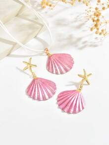 1 Set 3pcs Sweet Ocean Beach Vacation Style Oil Drop Creative Iridescent Starfish Shell Pendant Earrings Necklace Set Suitable For Women Daily Wear, Vacation, Party - Pink - View 3