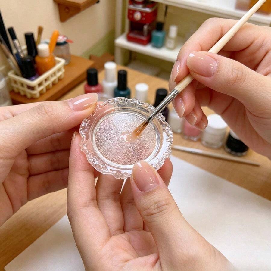 1pc Mini Transparent Lace Edge Nail Art Palette, Small Transparent Pattern Nail Gel Polish Mixing Board, Portable Nail Art Paint Drawing Tray, DIY Nail Salon Design Supplies