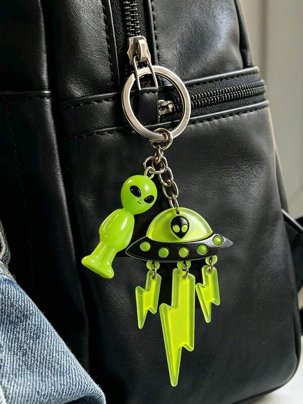 1 pieza Llavero de alienígena OVNI brillante y lindo, colgante de bolsa de vaca con rayo divertido, cordón para teléfono, regalo de colgante para parejas y amigos, regalo de Halloween, llavero de fiesta de festival de música disco, colgante de alienígena de dibujos animados, adecuado para estuche de auriculares, accesorio de moda estilo ciber del milenio Y2K (tarjeta no incluida)