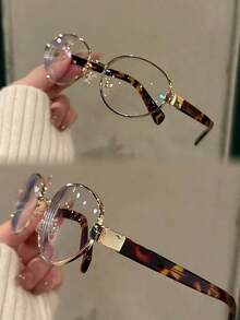 "D U K E" Series Retro Round Blue Light Block Glasses  Vintage Tortoiseshell & Gold Metal Frame, Fashion Non-Prescription Clear Lens Eyewear, - 無色 - 查看 2