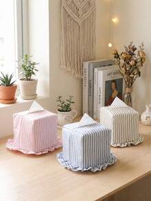 1PC Striped Ruffle Fabric Tissue Box Cover, Washable And Reusable Tissue Holder, Frilly Trim Napkin Dispenser Bag, Dustproof Storage For Bedroom Bathroom Car Desk And Cottagecore Home Decor - Multicolor - View 2