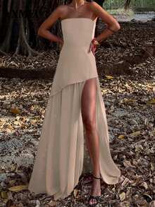 Simple & Fashionable Mesh Splicing Hem Tube Dress, Suitable For Summer - Apricot - View 2