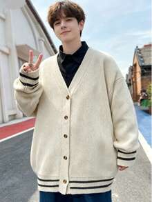 Men's Plus Size Knitted Fashion Cardigan, Long Sleeve Sweater, Soft And Comfortable Knit Sweater, Versatile Casual Style, Autumn/Winter - Apricot - View 11