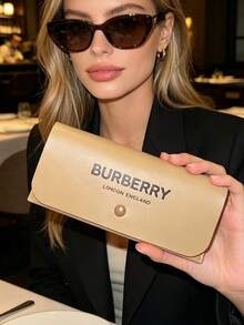 1pc Burberry Hard Artificial Leather Eyeglass Case, Fashion Eyeglass Case With Cleaning Cloth Gift Box Set - Khaki - View 1
