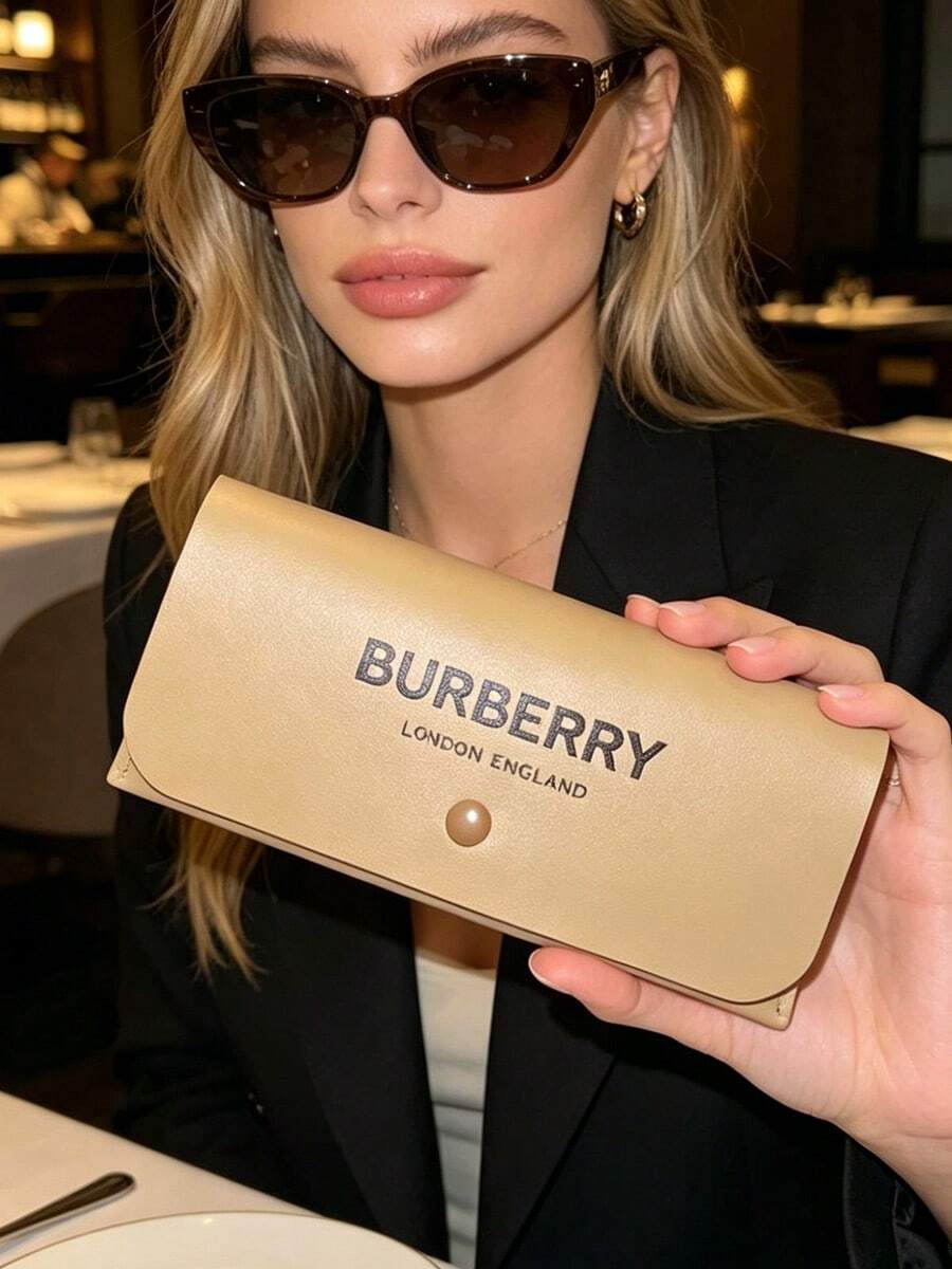 1pc Burberry Hard Artificial Leather Eyeglass Case, Fashion Eyeglass Case With Cleaning Cloth Gift Box Set - Khaki - View 1