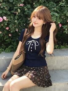 新品修身對比色 2 合 1 甜美短袖 T-shirt 上衣 休閒夏季款 - 藏蓝色 - 查看 5