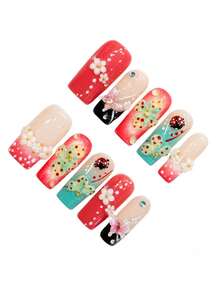10pcs Kawaii Summer Dopamine Press On Nails, Red Teal Ladybug Floral Butterfly Long Square Fake Nails 3D White Mini Daisy Iridescent Bubble Rhinestone, For Outdoor Trip, Grad Dance & Floral Afternoon Tea, With Jelly Glue And Nail File - Multicolor - View 6