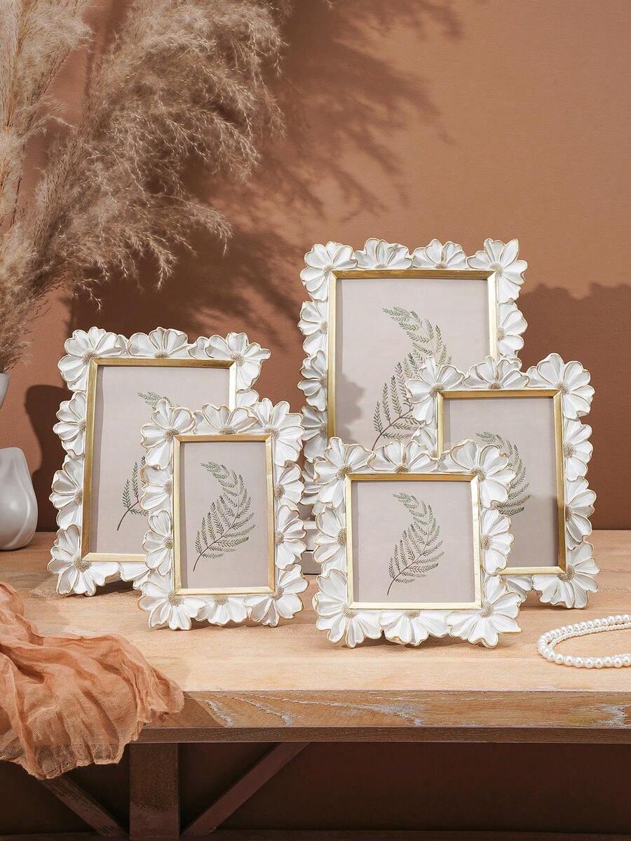 1pc White Resin Photo Frame With Gold Border, 3D Daisy Decor Square Desktop Display Frame, Horizontal Or Vertical Placement, Suitable For Home Decor And Photography Props, Floral Photo Frame, Mother's Day Gift, Graduation Gift, Wedding Table Decoration, Spring Home Decor - Multicolor - View 1
