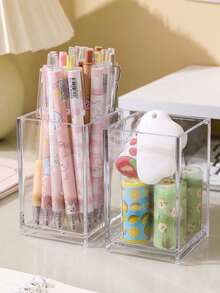 Transparent Acrylic Square Pen Holder, Minimalist Style Transparent Pen Holder Stationery Set, Used For Organizing And Storing Various Pens, Stationery And More For Study And Work, Back To School Season School Supplies - Transparent - View 2