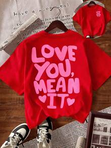 T-shirt da donna casual con stampa di lettere, scollo rotondo e maniche corte, top estivo, facile da abbinare. - Rosso - Visualizzare 1