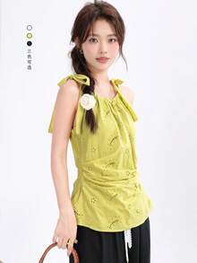 Sweet & Spicy Slimming Vibe 無袖上衣 素色棉質刺繡細肩帶背心，適合晚間約會、度假、日常穿著，夏季款 - 芥末黃 - 查看 2