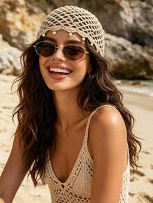 1pc Fashion Bohemian Sequin Pearl Pendant Mesh Hollow Knit Hat Women's Decorative Hat Beach Vacation Travel Accessory Party Decoration Gift For Friends - Multicolor - View 3