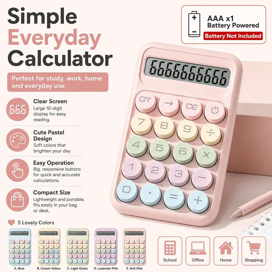 Kalkulator Meja Tombol Bulat Blok Warna yang Menenangkan, Skema Warna Macaron Berlapis dengan Umpan Balik Taktil yang Tajam, Layar LCD Lebar Menampilkan 10 Digit, Bodi Ramping dan Portabel, Untuk Belajar Siswa, Perhitungan Harian Kantor, Alat Tulis Meja yang Lucu, 1 Baterai AAA (Tidak Termasuk) - A - View 1