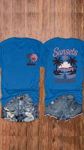 100% Cotton Unisex Round Neck Short-Sleeve T-Shirt With Palm Tree And Sunset Pattern, And The Words "FOREVER CHASING Sunsets" On The Back. Summer Wome - 皇家 - 查看 1