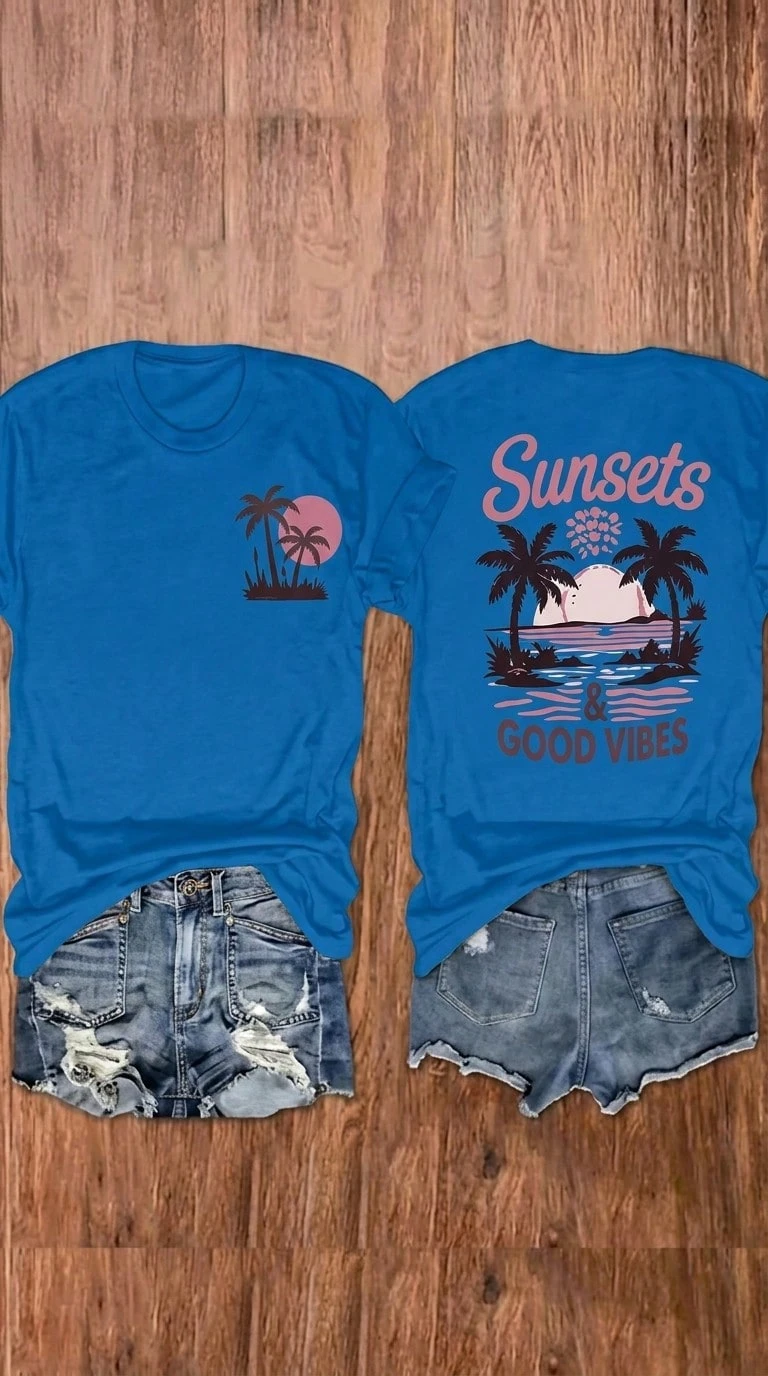100% Cotton Unisex Round Neck Short-Sleeve T-Shirt With Palm Tree And Sunset Pattern, And The Words "FOREVER CHASING Sunsets" On The Back. Summer Wome - 皇家 - 查看 1