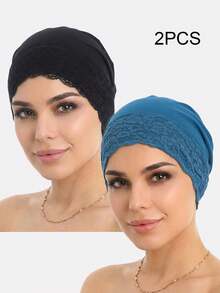 2pcs Lace Trim Bonnet Muslim Headscarf Sleep Cap Headwrap Maternity Cap Suitable For Daily Use - Multicolor - View 5